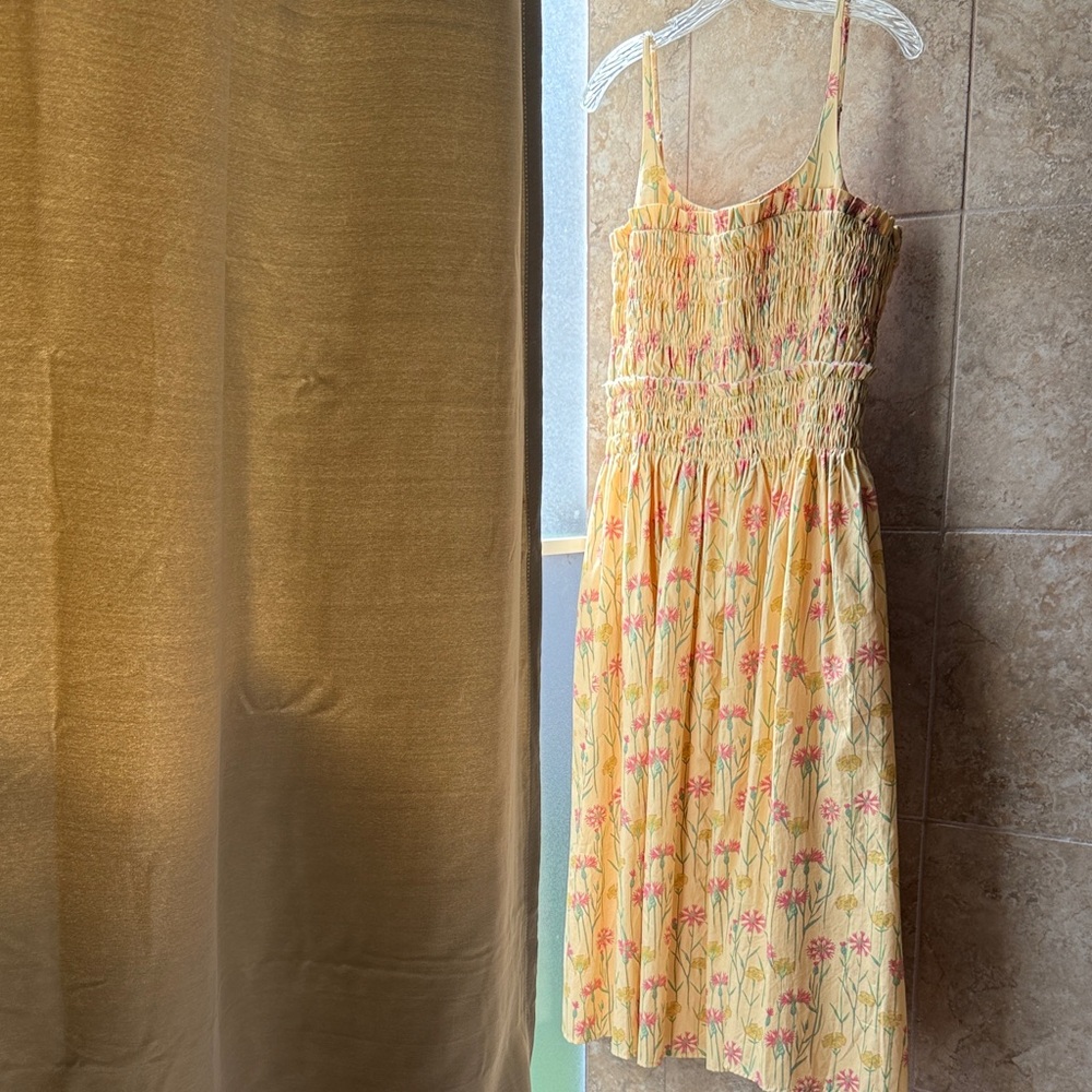 Anthropologie Hutch Sleeveless Smocked Midi Dress Gold Floral Ruffles Pockets L - Picture 16 of 16